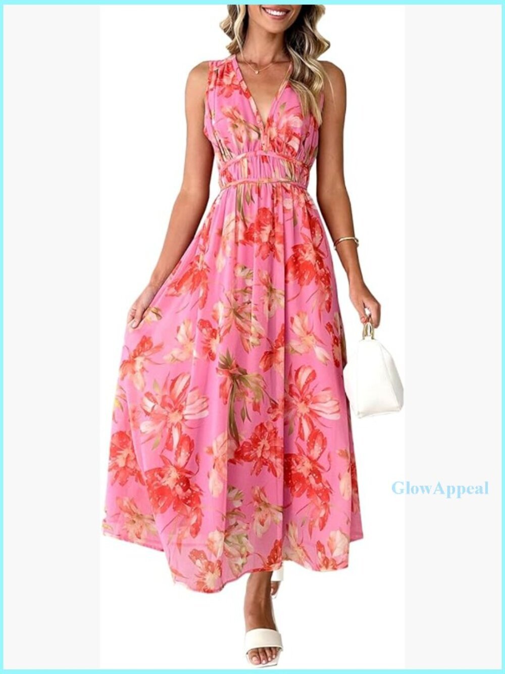 Sleeveless V-Neck Maxi Dress, Floral Print, Elastic Waist, Wedding Guest